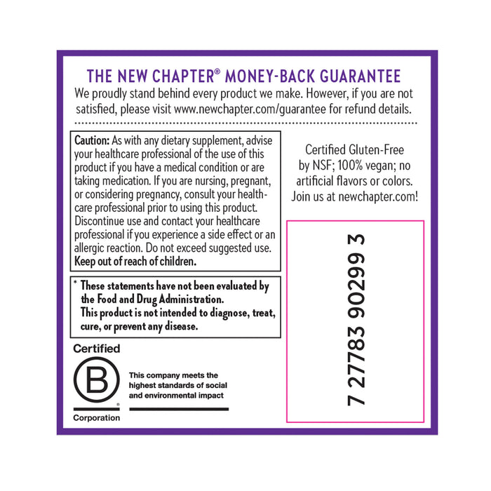 The image displays a label for New Chapters Elderberry Gummies, Organic Whole-Food Gummies for Immune Support. It features the NEW CHAPTER MONEY-BACK GUARANTEE, notes gluten-free and non-GMO status, organic elderberry benefits, certification symbols, a healthcare professional caution and barcode on a purple-bordered background.