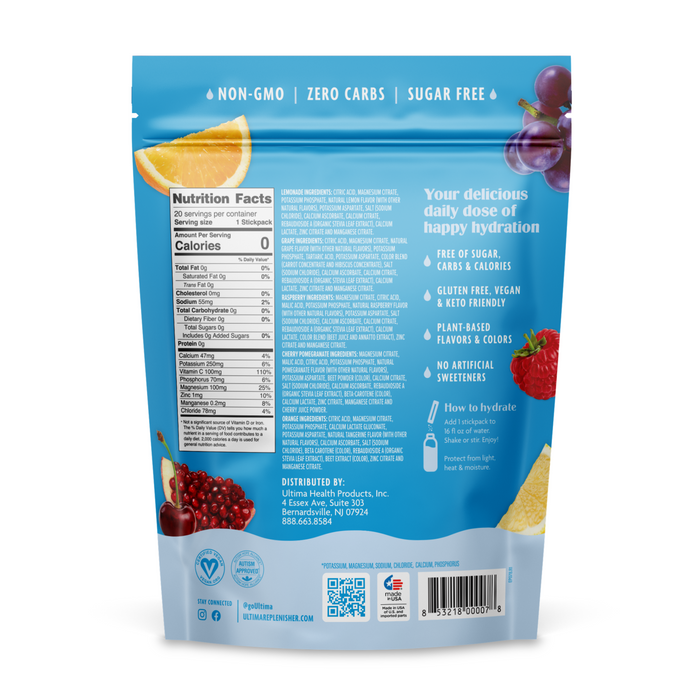 Back of Ultima Replenisher Electrolyte Mix Variety Pack shows nutrition facts, fruit images (orange, grape, pomegranate, berry), and claims: key electrolytes, zero carbs, sugar-free hydration, plant-based, gluten free, vegan.