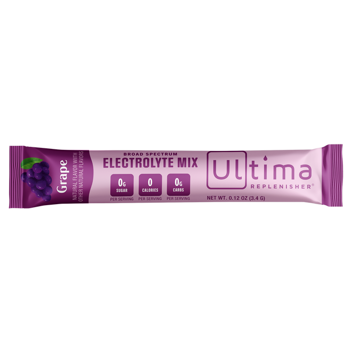 The purple grape-flavored packet from Ultima Replenishers Electrolyte Mix Variety Pack guarantees optimal hydration, featuring 0g sugar, 0 calories, and 0g carbs per serving. A grape image on the left underlines its sugar-free benefits.
