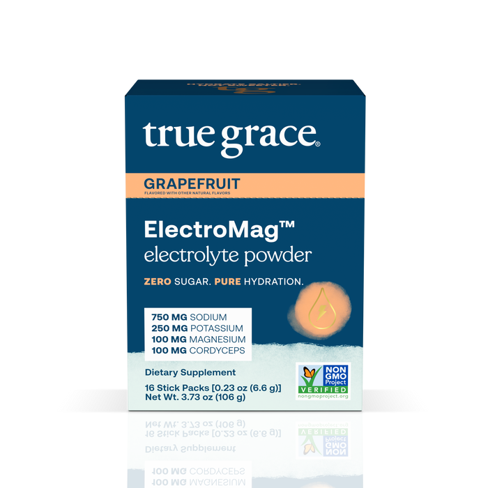 True Graces ElectroMag™ electrolyte powder in grapefruit flavor provides a refreshing hydration boost. Each serving includes 750 mg sodium, 250 mg potassium, 100 mg magnesium, and cordyceps mushrooms. It features non-GMO verification and comes with 16 convenient stick packs.