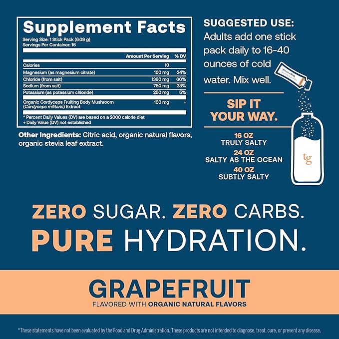 Supplement facts for a grapefruit-flavored hydration drink. Contains electrolytes, zero sugar, zero carbs. Instructions to add one stick to water. Tagline: "Pure Hydration." Graphic of a bottle and glass with water. FDA disclaimer at the bottom.