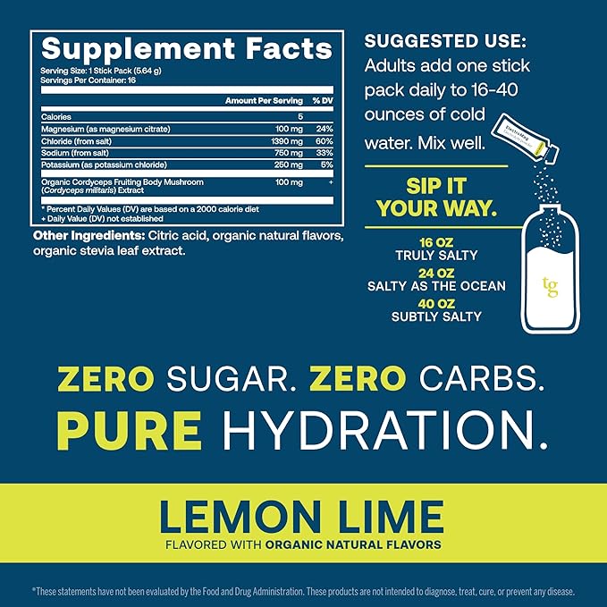 Supplement facts for Lemon Lime drink mix: 16 calories per serving. Zero sugar, zero carbs. Mix with 16-40 oz. of water. Flavored with organic natural flavors. Includes sodium, chloride, potassium, and magnesium for hydration.