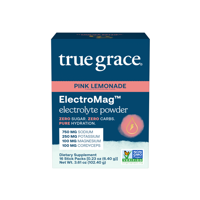 A box of True Grace ElectroMag™ Electrolyte Powder in Pink Lemonade flavor, featuring sodium, potassium, magnesium, cordyceps, and promoting non-GMO and sugar-free electrolyte hydration.