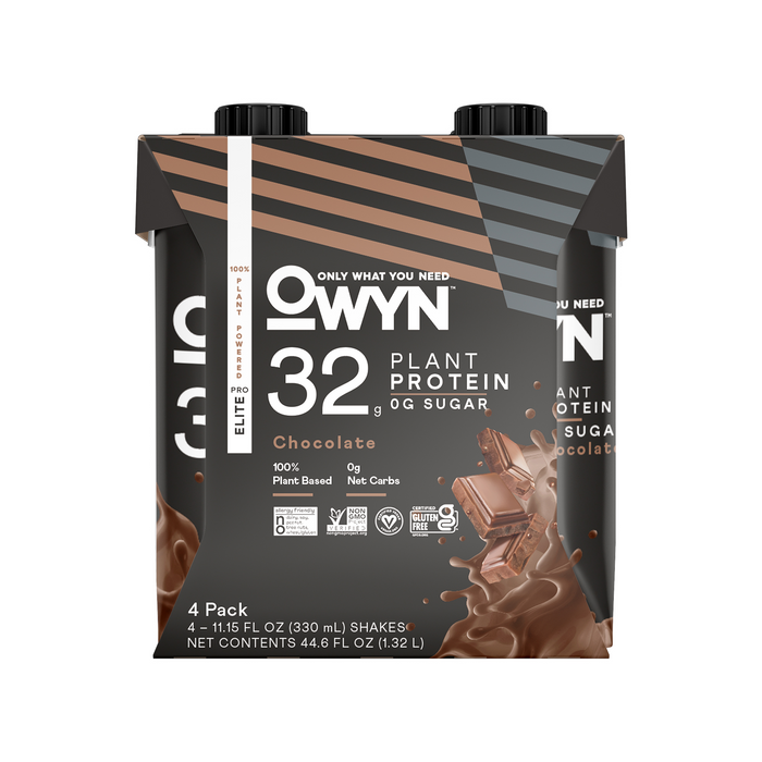 Image of a four-pack of OWYN Elite Protein Shake, 32G. Ideal for keto fans, the packaging showcases 32g plant protein, Omega-3 ALA, 0g sugar, and 0g net carbs in an all-plant-based design with chocolate imagery and nutritional details.
