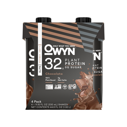 Image of a four-pack of OWYN Elite Protein Shake, 32G. Ideal for keto fans, the packaging showcases 32g plant protein, Omega-3 ALA, 0g sugar, and 0g net carbs in an all-plant-based design with chocolate imagery and nutritional details.