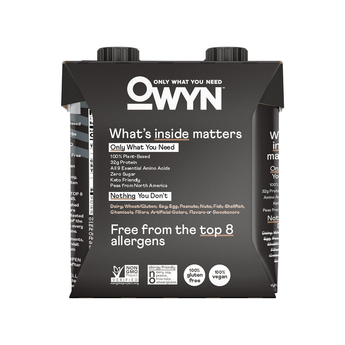 A four-pack of OWYN Elite Protein Shake (32G) in black and white, enriched with Omega-3 ALA. Features 20g protein, all essential amino acids, and free from the top 8 allergens. Its vegan, gluten-free, non-GMO, and keto-friendly.