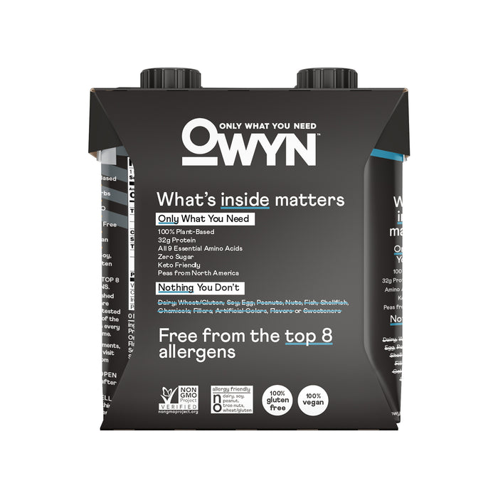 A black and white OWYN Elite Protein Shake carton highlights its plant protein power with 32g of protein, essential amino acids, zero sugar, keto-friendly benefits, free from the top 8 allergens, non-GMO status, gluten-free and vegan features, no artificial additives, and enriched with Omega-3 ALA.