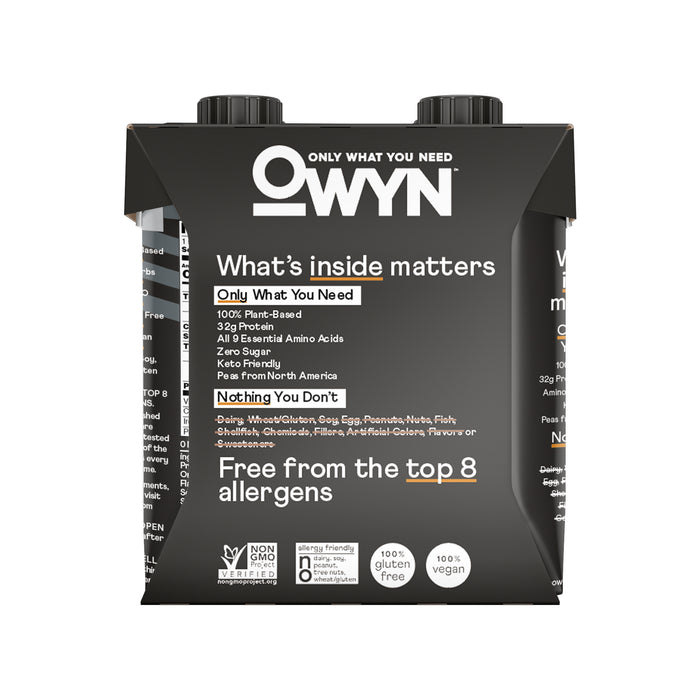 Packaging for OWYN Elite Protein Shake, 32G features Only What You Need. It includes 20g plant protein, essential amino acids, is keto-friendly with Omega-3 ALA. The bottom highlights excluded allergens and shows logos for non-GMO, gluten-free, and vegan certifications.