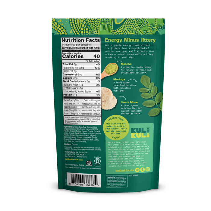 Back of a Kuli Kuli Foods Energizing Organic Superfood Latte pouch displaying nutrition facts, ingredients, and product details. Images of moringa and matcha highlight B vitamins for energy and wellness benefits.
