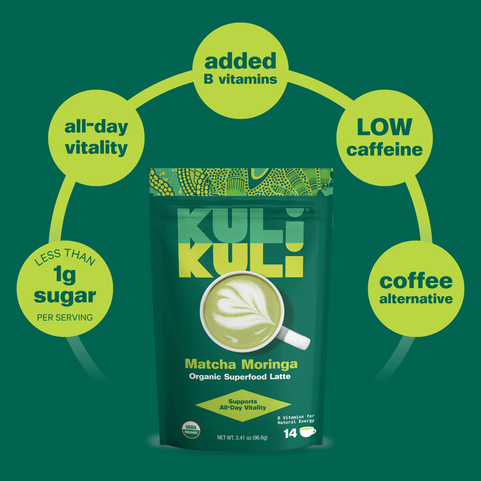 A green pouch of Kuli Kuli Foods Energizing Organic Superfood Latte is centered, with circular icons showcasing matcha and moringa blend, B vitamins, low caffeine, coffee alternative, under 1g sugar, and all-day vitality.