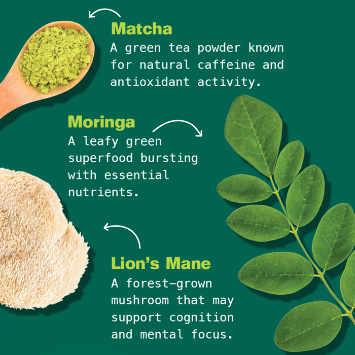 Kuli Kuli Foods’ Energizing Organic Superfood Latte features matcha powder, B vitamin-rich moringa leaves, and lion’s mane mushroom powder, all displayed on a green background with labels highlighting their benefits.