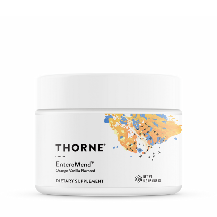 Thornes EnteroMend dietary supplement for intestinal health is packaged in a 5.9 oz jar with a lively abstract design on its white label, featuring an orange vanilla flavor to aid bowel regularity and wellness.