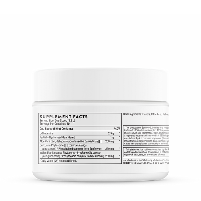 A white container of Thornes EnteroMend dietary supplement featuring a label with supplement facts. Formulated for intestinal health and bowel regularity, it contains L-glutamine, guar gum, and aloe vera leaf. The label also notes flavors, citric acid, and daily values.