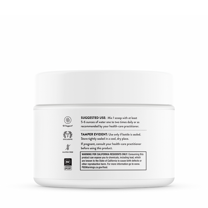 This white Thorne EnteroMend container, featuring gluten-free and certification symbols, displays safety instructions and tamper-evidence. Designed for GI health support, it promotes bowel regularity when mixed with water. Sealed for safety, it’s your boost to intestinal well-being.