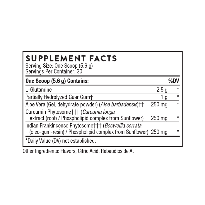 A supplement facts label detailing the ingredients and their amounts. Includes L-Glutamine, Partially Hydrolyzed Guar Gum, Aloe Vera Gel Powder, Curcumin Phytosome, and Indian Frankincense Phytosome. Mentions flavors and other ingredients.
