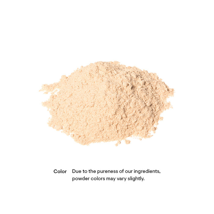 A mound of beige powder on a white background. The text below reads, "Color: Due to the pureness of our ingredients, powder colors may vary slightly.