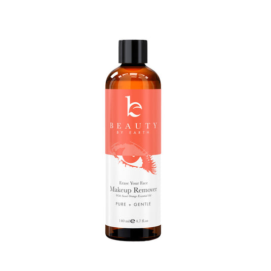 A 140 ml brown bottle with a black cap labeled Erase Your Face Makeup Remover by Beauty by Earth. The curved label emphasizes its organic ingredients, like sour orange essential oil, designed for naturally healthy skin. Pure and gentle at 4.7 fl oz.