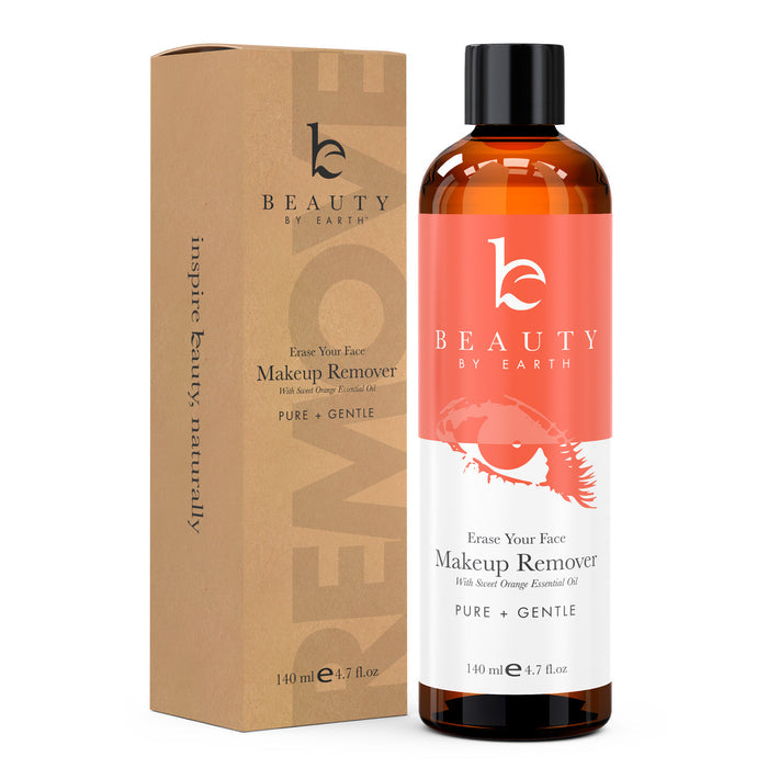A 140 ml (4.7 fl oz) Erase Your Face Makeup Remover by Beauty by Earth, with organic ingredients for healthy skin, sits next to its cardboard packaging. The label displays an eye graphic and reads Pure + Gentle with sweet orange essential oil, offering pure bliss in a bottle.