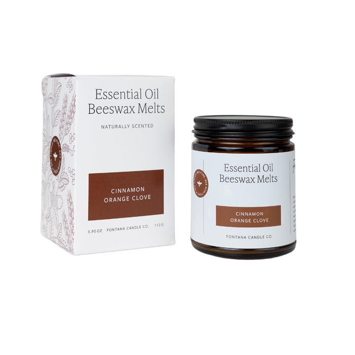 A jar and box of Fontana Candle Co. Essential Oil Wax Melts - Cinnamon Orange Clove feature a black-lidded jar with white and brown packaging. Infused with essential oils, these melts offer a naturally scented, non-toxic aroma.