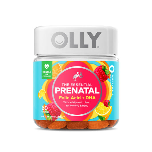 The Essential Prenatal Multi by OLLY features a vibrant label with oranges and raspberries, promoting its Gentle on Stomach and Sweet Citrus flavors. It includes Omega-3, folic acid, DHA, and contains 60 gummies.