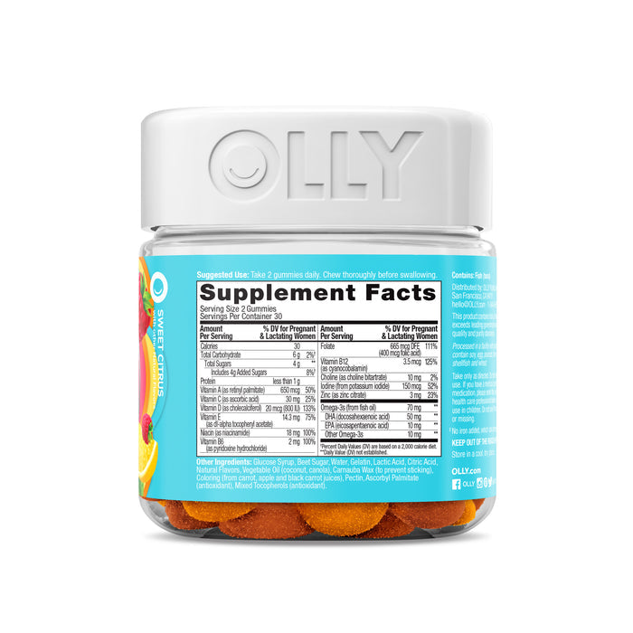 A clear jar with a white lid labeled OLLY holds Essential Prenatal Multi gummies in orange and yellow, rich in DHA and Omega-3. A Supplement Facts label shows nutritional info, with fruit imagery on a blue backdrop.