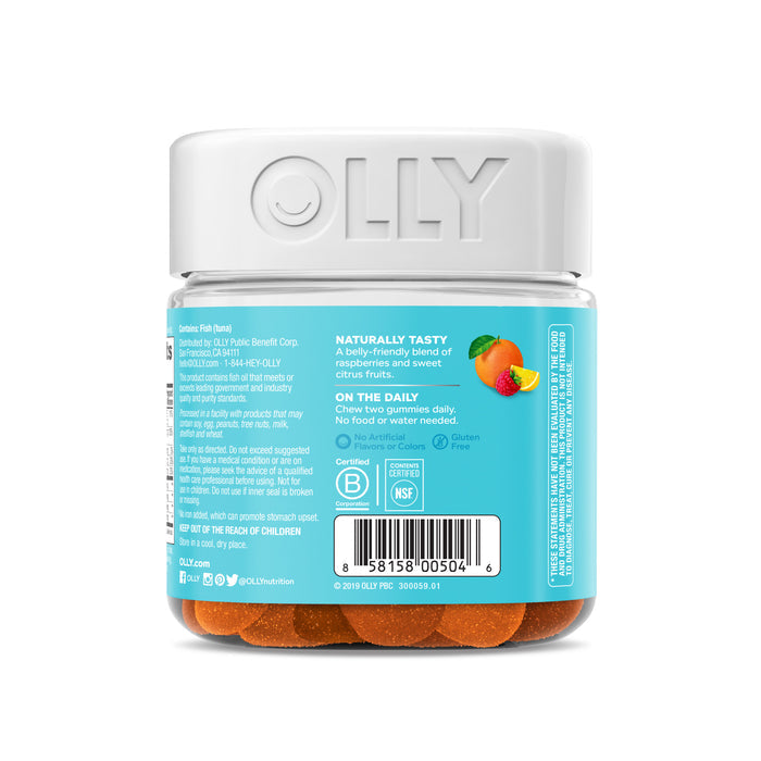 A jar of OLLY Essential Prenatal Multi gummies has a white lid, turquoise label, and Naturally Tasty tagline. The label shows ingredients, nutrition facts, and raspberry/orange slice images. Enjoy these gummies with no artificial colors or flavors.