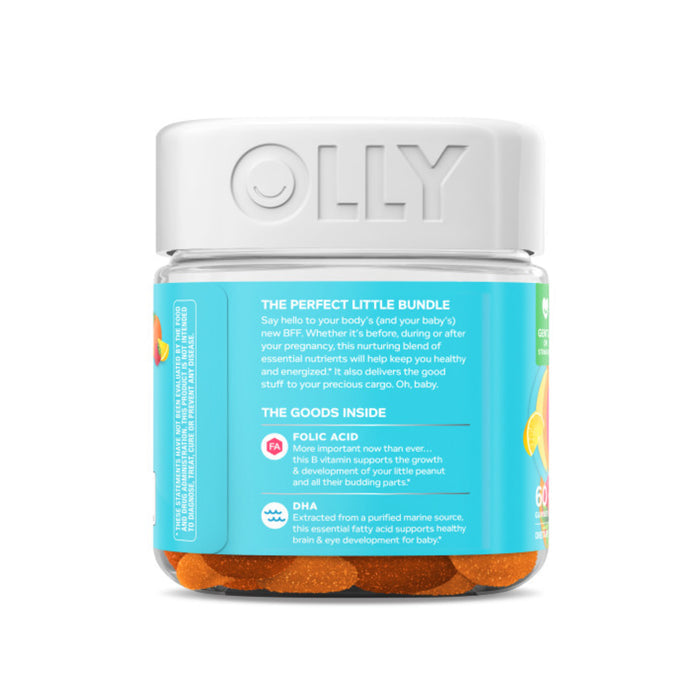 A jar of OLLYs Essential Prenatal Multi is labeled The Perfect Little Bundle with a smiley face on the lid. It highlights Prenatal Folic Acid and Omega-3 DHA, supporting health for mothers and babies, and contains orange gummies.