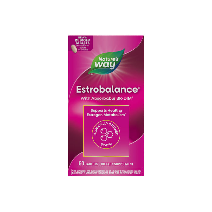 A pink and purple box of Nature’s Way Estrobalance – With Absorbable BR-DIM, containing 60 tablets. The label highlights support for healthy estrogen metabolism for women with clinically studied absorbable BR-DIM diindolylmethane.