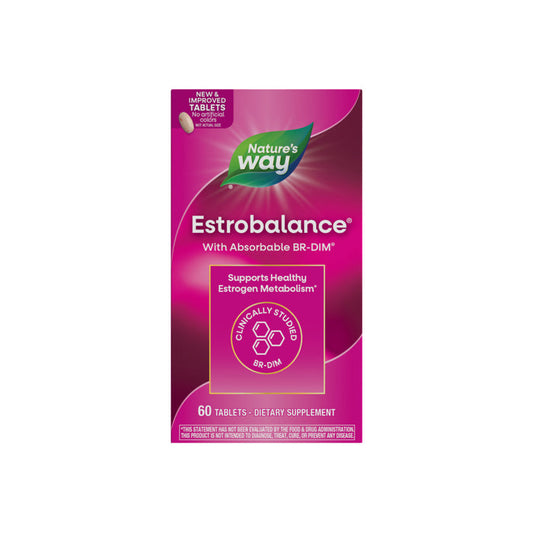 A pink and purple box of Nature’s Way Estrobalance – With Absorbable BR-DIM, containing 60 tablets. The label highlights support for healthy estrogen metabolism for women with clinically studied absorbable BR-DIM diindolylmethane.