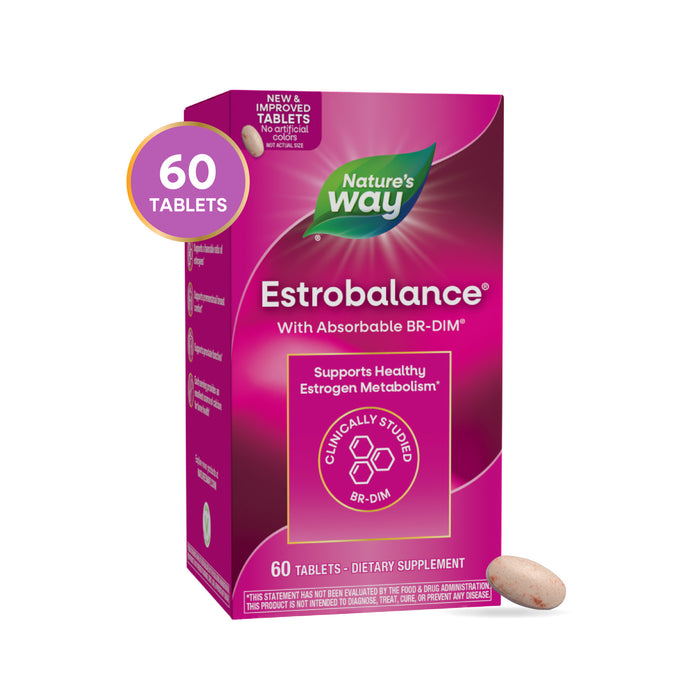 A pink box of Natures Way Estrobalance - With Absorbable BR-DIM is shown with 60 tablets. The label mentions support for womens health and healthy estrogen metabolism. An oval tablet is displayed next to the box.