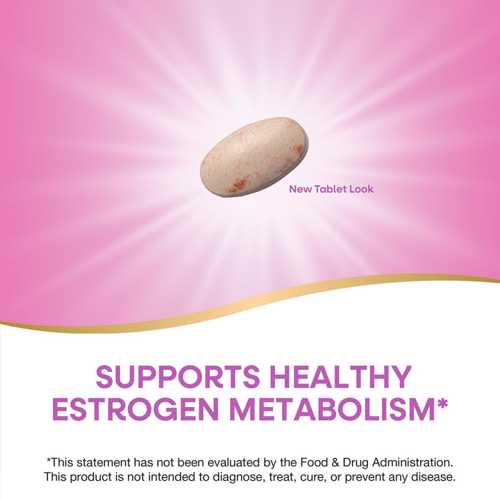 A single speckled tablet appears on a pink background with radiant light. Text reads: New Tablet Look—Natures Way Estrobalance With Absorbable BR-DIM supports healthy estrogen metabolism* for women’s health. *Statement not evaluated by the FDA.