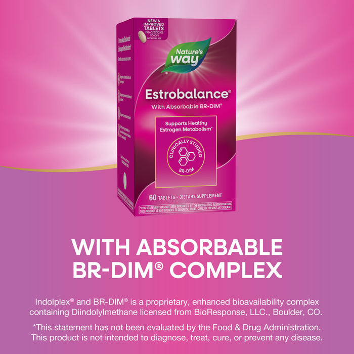 A pink Nature’s Way Estrobalance - With Absorbable BR-DIM box appears above text stating it supports healthy estrogen metabolism and overall women’s health; the supplement contains 60 tablets.