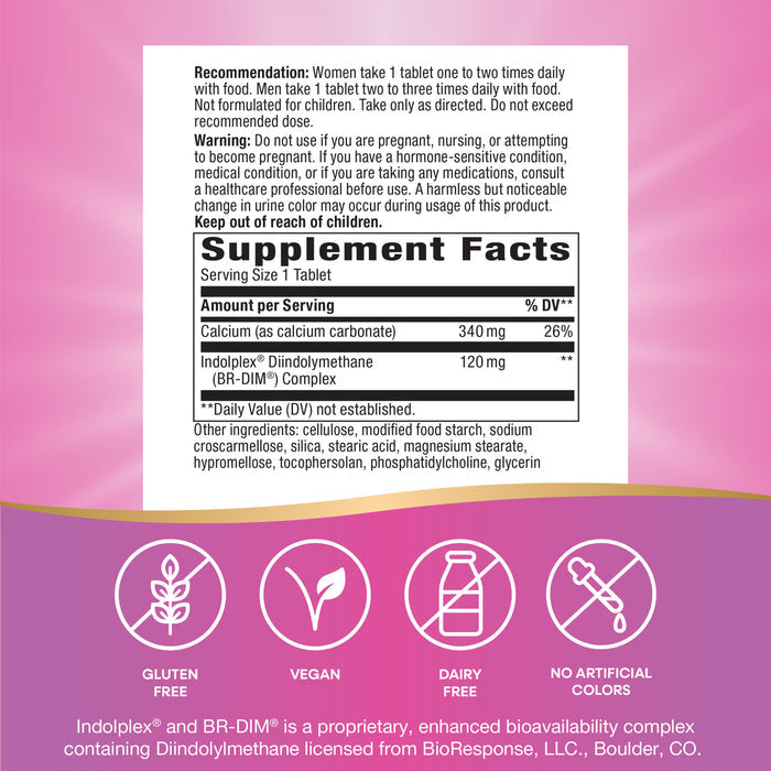 Supplement label showing dosage recommendations, warnings, and Supplement Facts for Estrobalance with absorbable BR-DIM by Nature’s Way to support estrogen metabolism. Icons indicate gluten free, vegan, dairy free, and no artificial colors.