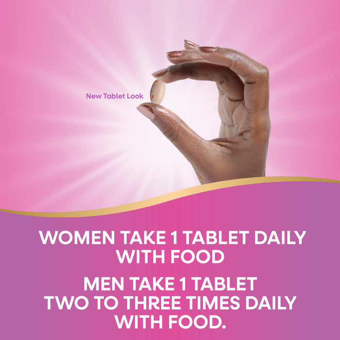 A hand holds an oval tablet against a pink background. Text reads: “Nature’s Way Estrobalance with Absorbable BR-DIM: Women take 1 tablet daily with food; men take 1 tablet two to three times daily with food.”.