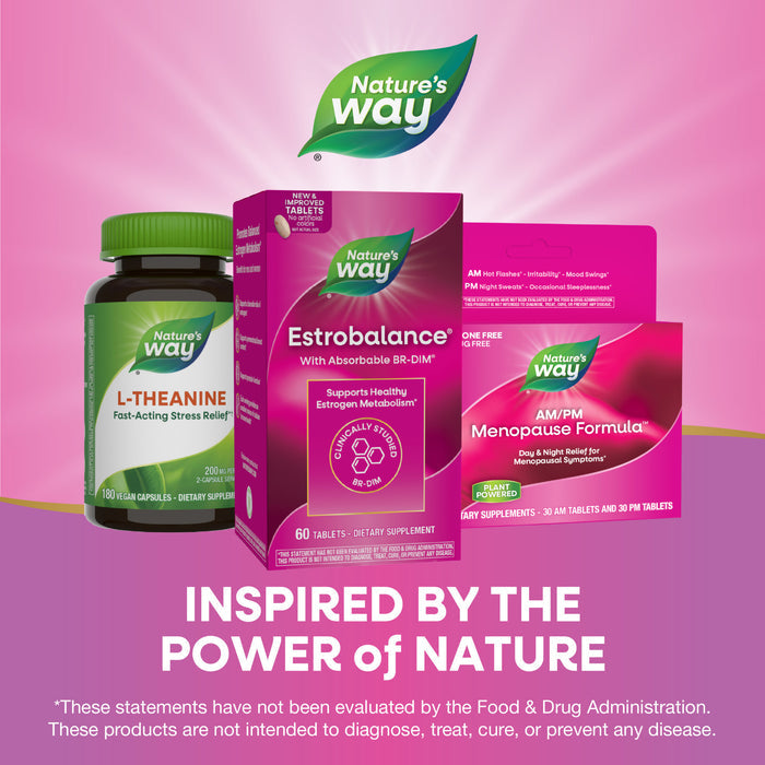 Nature’s Way Estrobalance with absorbable BR-DIM, a women’s health supplement for estrogen metabolism, displayed on a purple background with the text “Inspired by the Power of Nature.”.