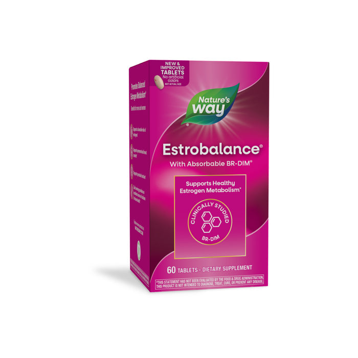 A pink box of Natures Way Estrobalance - With Absorbable BR-DIM, containing 60 tablets and highlighting support for womens health, healthy estrogen metabolism, and clinically studied BR-DIM on the front.