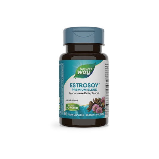 A brown bottle of Natures Way EstroSoy™ with a blue cap and label featuring flowers and green leaves, contains 60 vegan capsules of fermented soy dietary supplement for menopause relief.