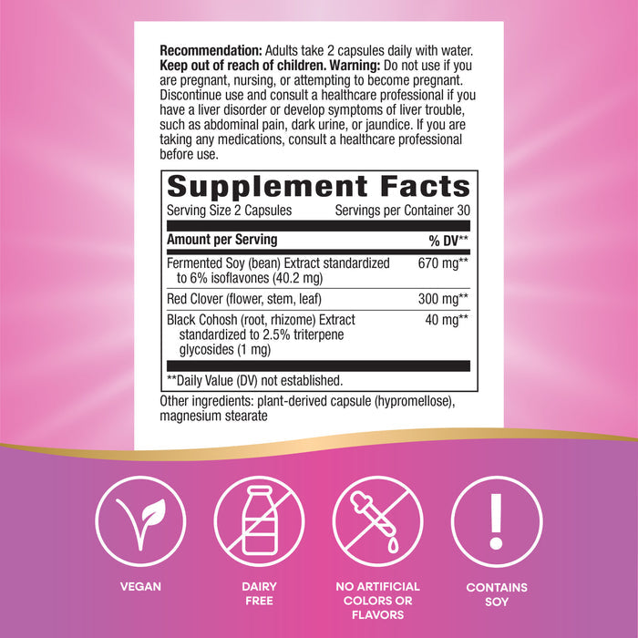 Natures Way EstroSoy™ supplement facts label features vegan, dairy-free, no artificial colors/flavors icons and fermented soy. Ingredients and warnings appear above a pink-yellow gradient. Designed for menopause relief.