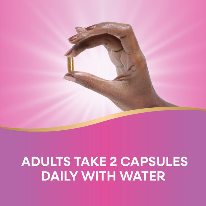 A hand holds an EstroSoy™ capsule against a pink background with rays; below, text reads: ADULTS TAKE 2 CAPSULES DAILY WITH WATER for effective menopause relief. From Natures Way.