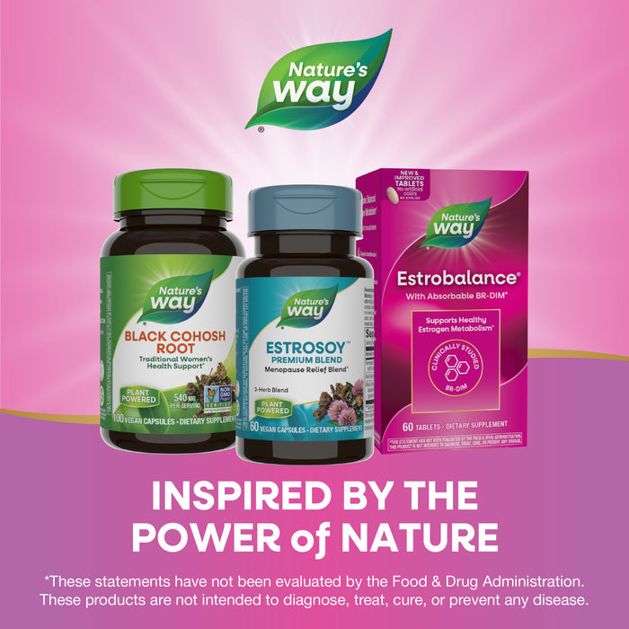 Three Nature’s Way supplement bottles—Black Cohosh Root, EstroSoy™, and EstroBalance—are shown on a pink background. Text below reads, “INSPIRED BY THE POWER OF NATURE,” highlighting menopause relief support.