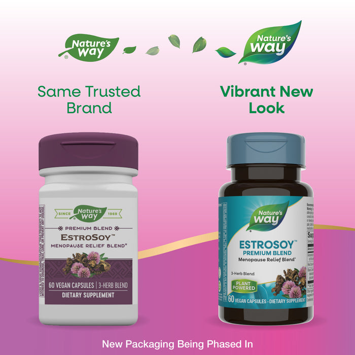 Two bottles of Natures Way EstroSoy™ menopause relief supplement side by side: the left displays the old packaging, while the right shows the refreshed look, both featuring fermented soy to support menopause relief.