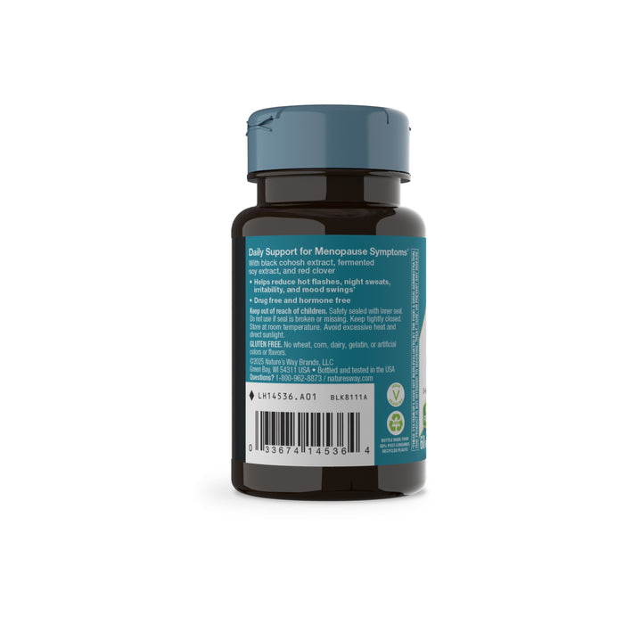 A dark brown EstroSoy™ bottle by Natures Way with a blue cap is shown from the back. The white and teal label lists daily menopause relief benefits from ingredients like black cohosh. A barcode appears at the bottom.