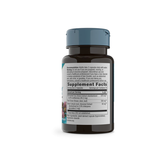 A dark brown EstroSoy™ bottle by Natures Way with a blue-gray cap is shown angled to display the Supplement Facts label, listing fermented soy, serving size, and directions for menopause relief.