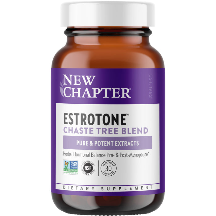 Brown bottle of New Chapters Estrotone™ Herbal Hormone Balance, Pre & Post Menopause supplements features a purple label. Includes Pure & Potent Extracts, Herbal Hormonal Balance, and 30 Softgels. Enhanced with Evening Primrose oil, it has NSF and non-GMO project verified logos.