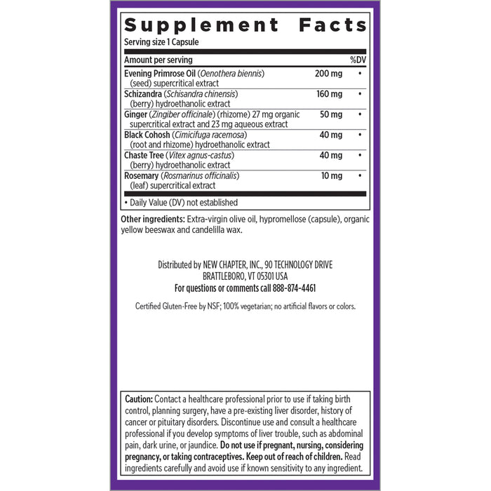 The image shows the Supplement Facts label for New Chapters Estrotone™ Herbal Hormone Balance. It provides serving size, ingredients, and contact info, highlighting evening primrose oil and black cohosh, along with schizandra, ginger, and rosemary.