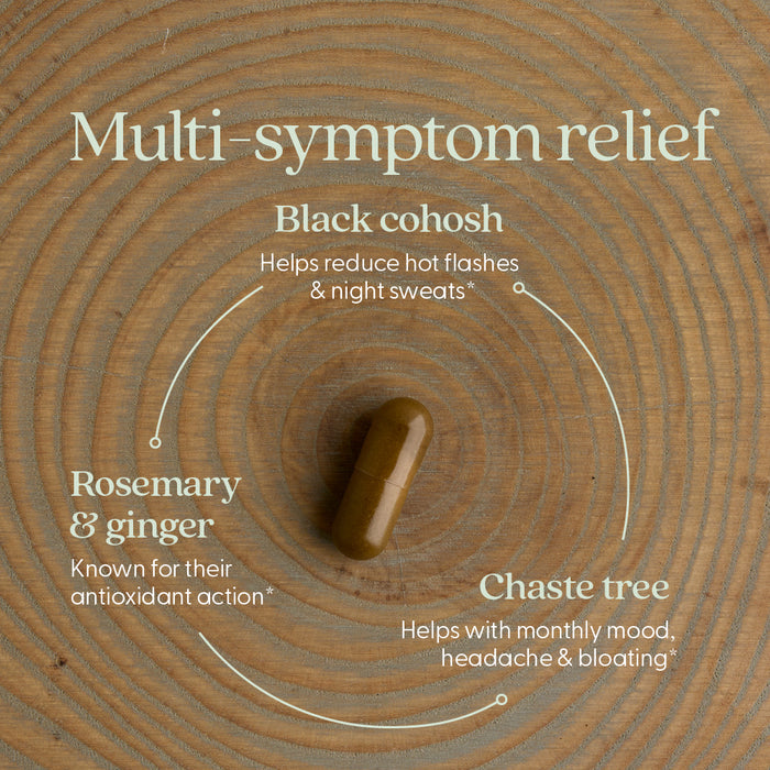 A brown Estrotone™ Herbal Hormone Balance capsule by New Chapter sits on wood, labeled with black cohosh for menopause relief, rosemary and ginger for antioxidants, and chaste tree for mood, headaches, and bloating.