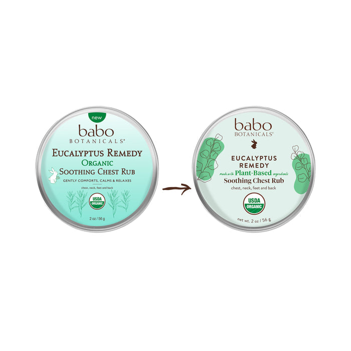 Two circular tins of Babo Botanicals Eucalyptus Remedy Organic Soothing Chest Rub are displayed. One tin shows Organic, the other Plant-Based, with subtle design tweaks, both labeled USDA Organic and designed for gentle use on babys chest, neck, and back.