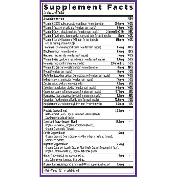 New Chapters Every Man™s One Daily 40+ supplement facts label shows vitamins A, C, D, E, K, zinc, selenium, and herbal extracts with daily value percentages as a whole-food fermented multivitamin.