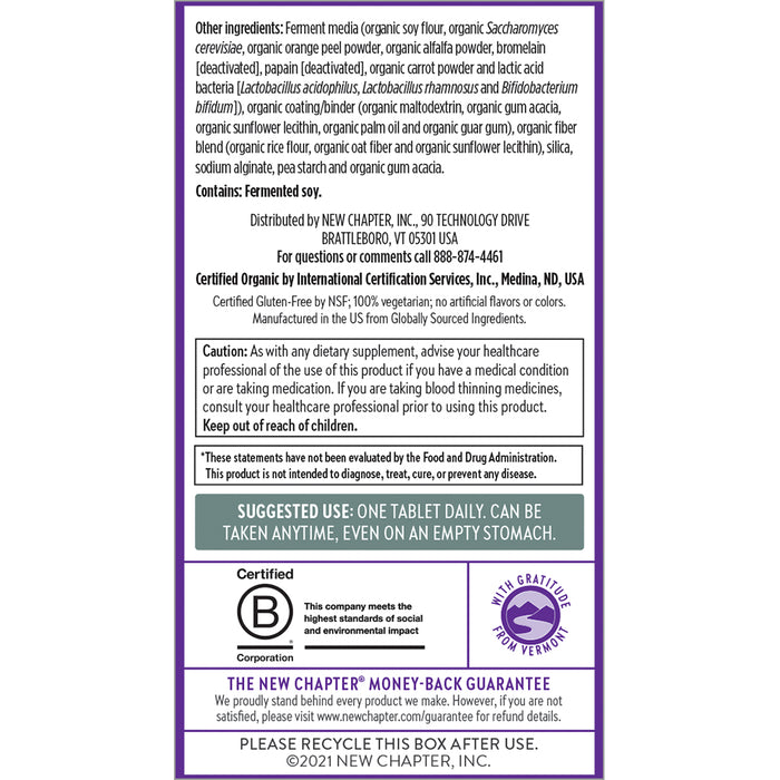 The image displays the label for New Chapters Every Man™s One Daily 40+, a whole-food fermented multivitamin. It presents ingredients, directions, certifications, warnings, contact info, features a logo with 8, expressions of gratitude, and a money-back guarantee statement.