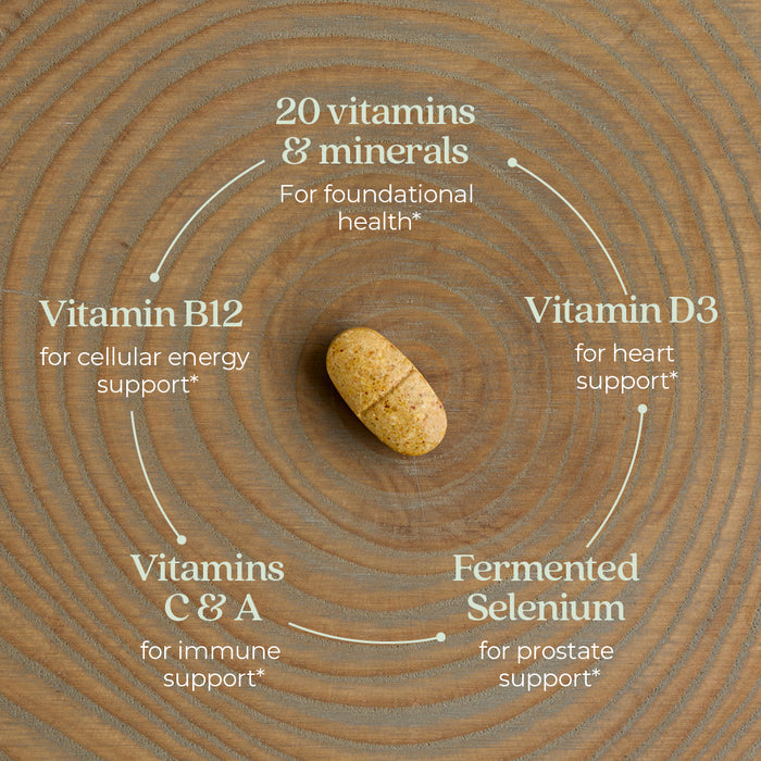 A single vitamin pill is centered on a wooden surface. Surrounding text highlights benefits: "20 vitamins &amp; minerals," "Vitamin B12," "Vitamin D3," "Vitamins C &amp; A," "Fermented Selenium" for various health supports.